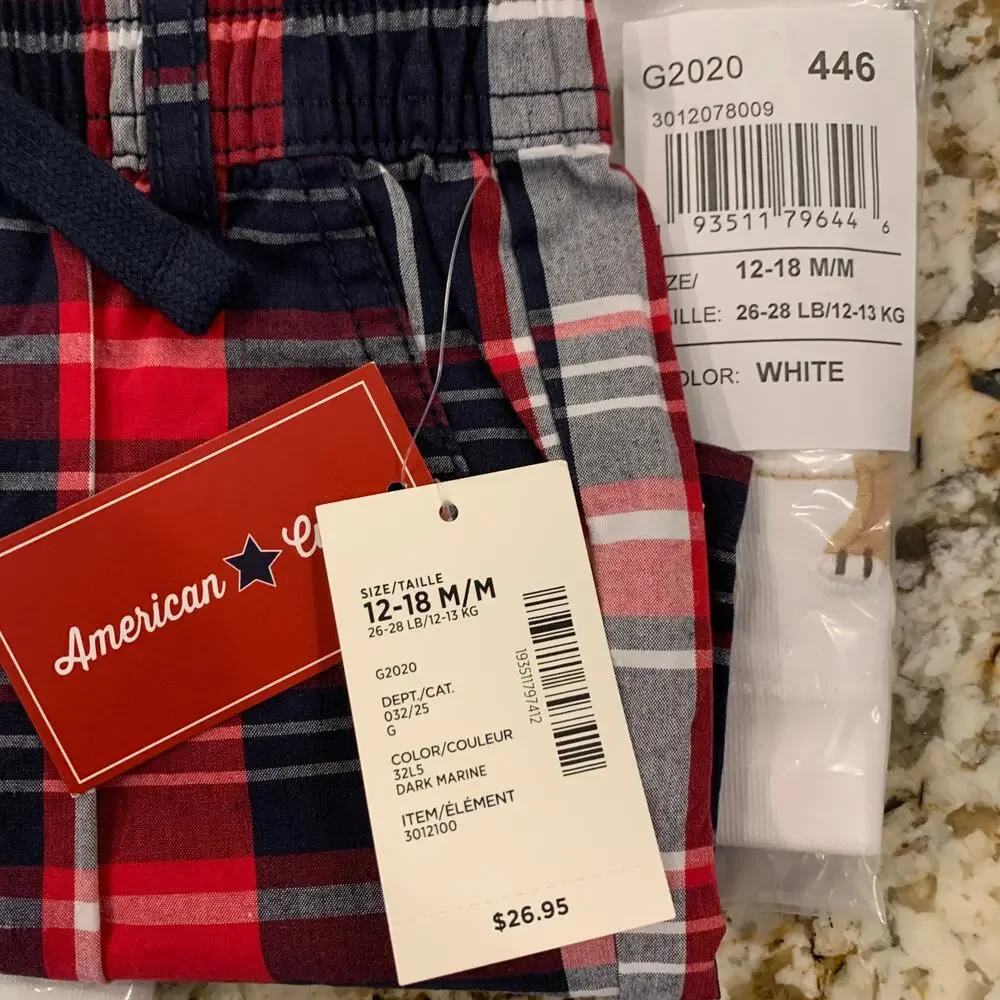 NWT Gymboree Boys Patriotic Bull Dog Applique Tee & Plaid Jogger Shorts